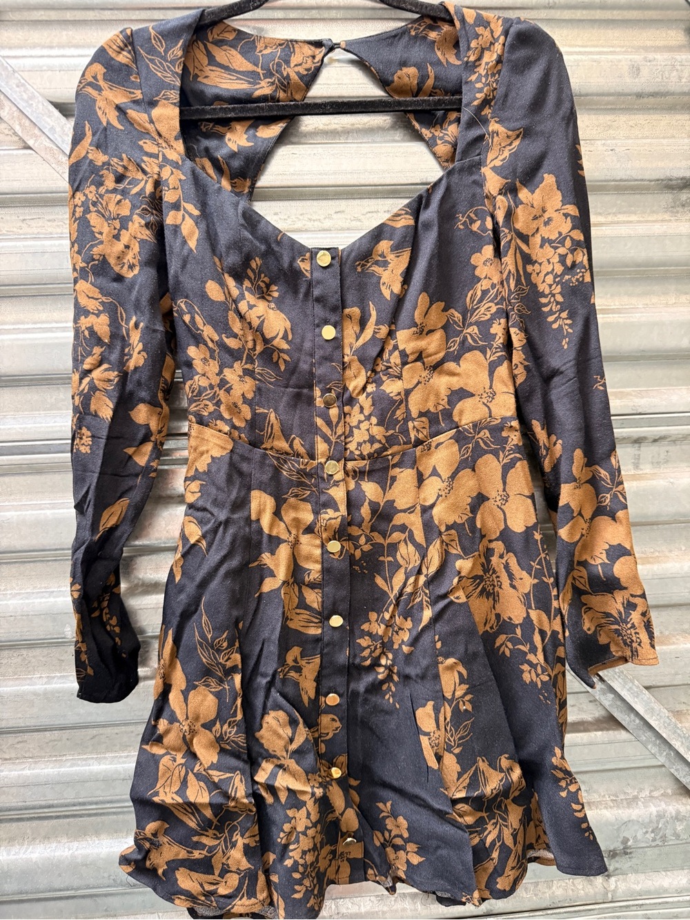Women's Black Floral Button-Front Long Sleeve Dress Top - Brown Print